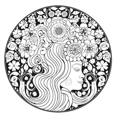 Art Nouveau Woman with Flowers Coloring Page Intricate Floral Design