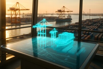 A digital interface projects 3D style port infrastructure above a tablet near cranes. Concept of smart logistics and port management innovation.