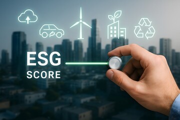 A hand adjusts an ESG score bar over a futuristic city with eco-friendly icons. Concept of environmental, social, and governance responsibility in urban development.