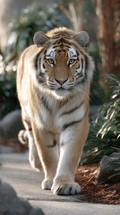 Fototapeta premium A powerful tiger walks confidently across an open field at golden hour, its intense gaze captivating against a soft-focus background