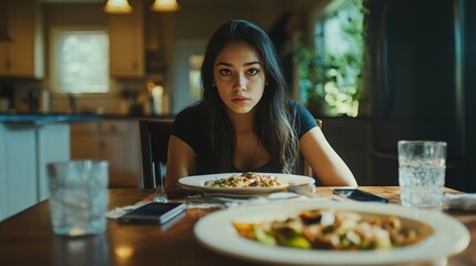 A woman sitting at a dining table with untouched food, phone open beside her, emotionless stare into distance