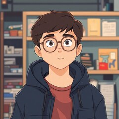 Anime style. nerdy boy face. Museum background.
