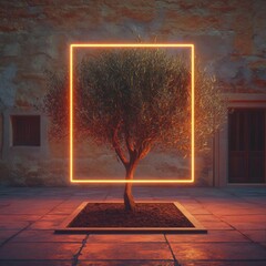 an olive tree in the middle of a square made of a frame with neon flex in ( 3800kelvin) and black ashes
