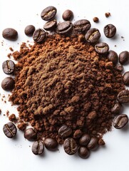 Photo of a pile of ground coffee on a white background. Ground level viewpoint. 8k