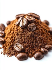 photo of a pile of ground coffee on a white background. Only ground coffee. Ground level viewpoint. 8k