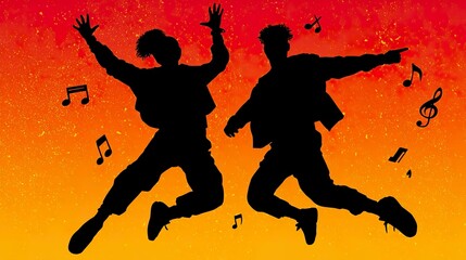 Silhouette dancers with musical notes on orange and red gradient background