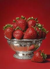 Strawberries in an elegant silver bowl, against a red background, with a diamond chain around the bottom of one strawberry.