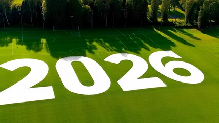 Massive 2026 sign painted on soccer field in preparation for upcoming tournament