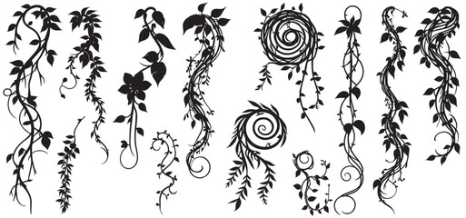 jungle lianas branches silhouette, tropical forest climbing sprouts. Rainforest garden hanging liana vines elements vector illustration set