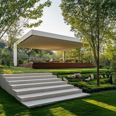WHITE PAVILION ELEVATED PLATFORM BY 9M AND STEPS LEADING TO LANDSCAPE LAWN AREA