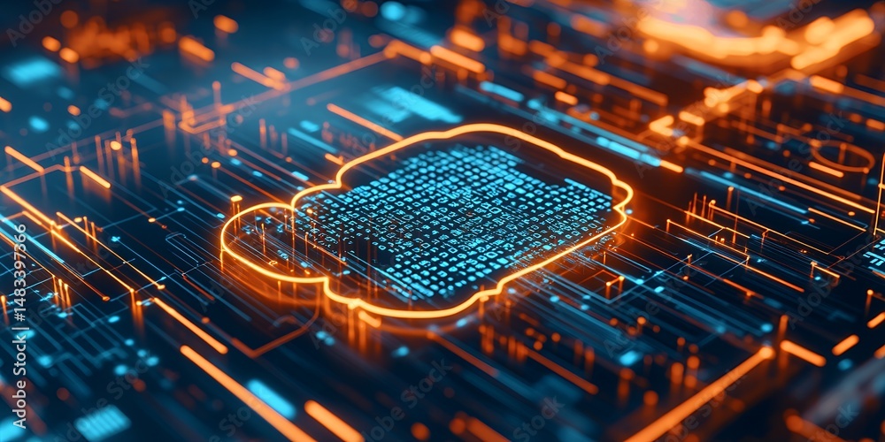 Poster abstract digital cloud computing concept glowing orange lines network data center server technology 