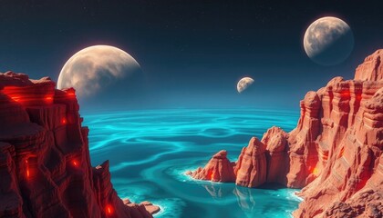 Surreal planet landscape with glowing canyons and azure sea