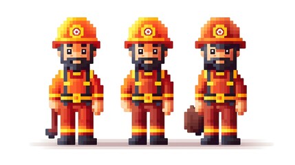 Detailed pixel art illustration of cartoon firemen in action isolated on white background