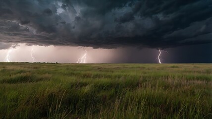 Lightning strikes across a grassy field under a dramatic and stormy sky
