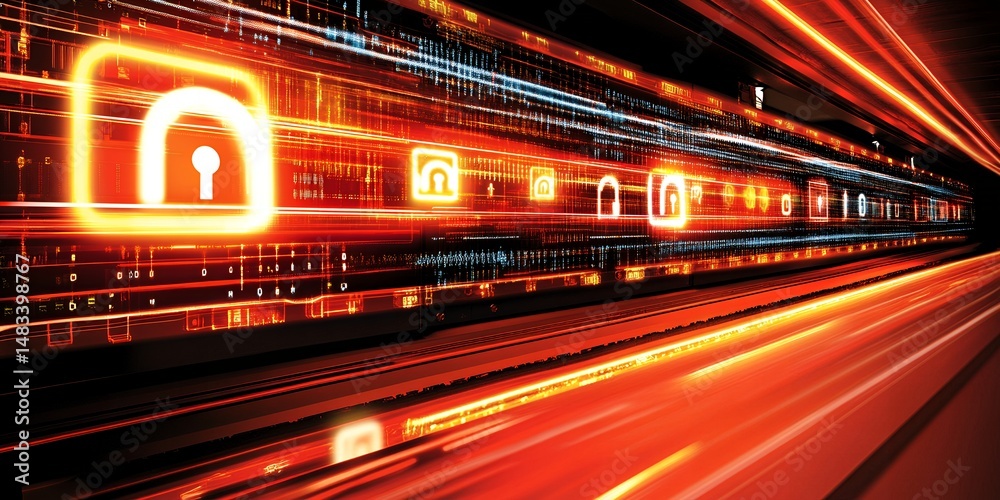 Poster high speed data stream with illuminated padlock icons representing fast secure digital information t