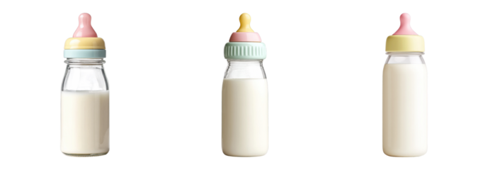 Baby milk bottle with pastel colored nipple and cap, isolated on transparency background