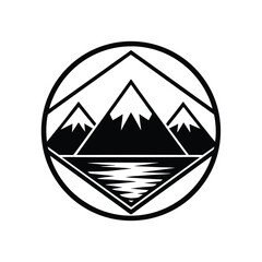 Mountain Landscape Circular Emblem Three Peaks, Water, Geometric Design