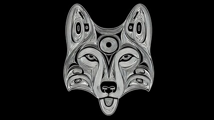 Stylized metallic wolf head design against black background