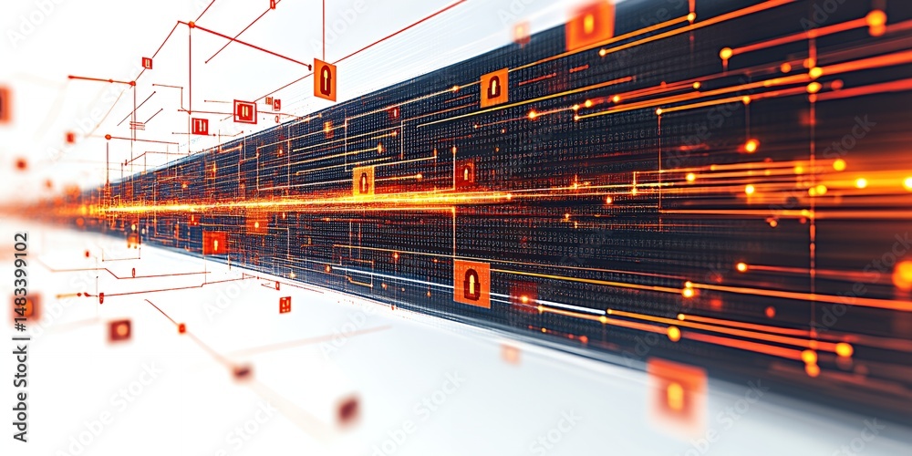 Poster abstract digital data stream flowing through network with glowing orange lines and security padlock 