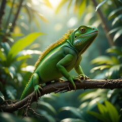 Obraz premium Vibrant green iguana perched on a branch, surrounded by lush foliage, with warm natural light, evoking a sense of tropical paradise and freedom.