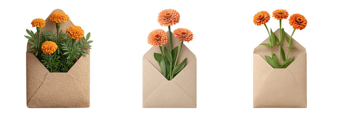 Orange flower bouquet in brown paper envelope with green leaves and stems