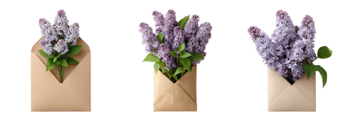Lilac flower bouquet in brown paper envelope with green leaves, fresh and delicate