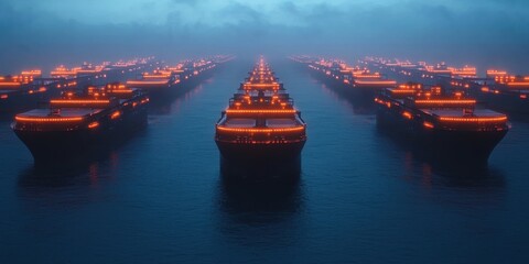 Fototapeta premium Fleet of illuminated ships anchored in calm waters during twilight.