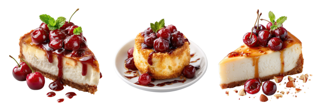 Cherry cheesecake slice and mini cake with fresh cherry topping and sauce