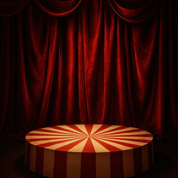 Empty circus stage with red velvet curtain and round pedestal with red and white stripes. Classic retro-style theatrical scene with dramatic lighting.