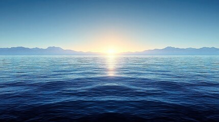 Obraz premium Scenic Horizon Overlooking the Blue Ocean with Mountains and Bright Sunrise