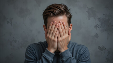 Young man covering face with hand expressing shame and embarrassment