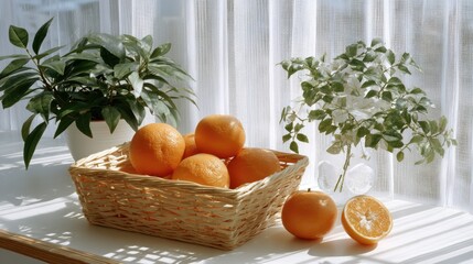 A basket of vibrant oranges sits on a table, bathed in sunlight streaming through soft white curtains, casting gentle shadows