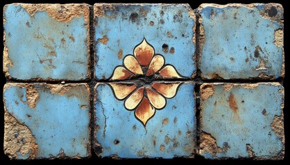 Six weathered tiles with a blue wash and central floral pattern, vintage style. Use as a background, design element, or to convey age and artisan craft.