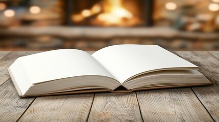 Open book on wooden table, cozy fireplace background