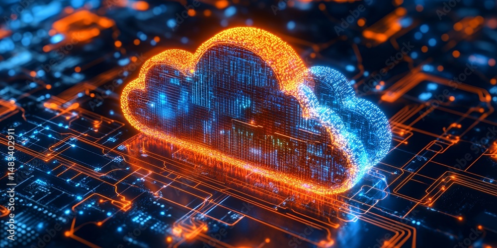 Poster digital cloud computing data storage network concept a glowing cloud symbol is shown over a complex 