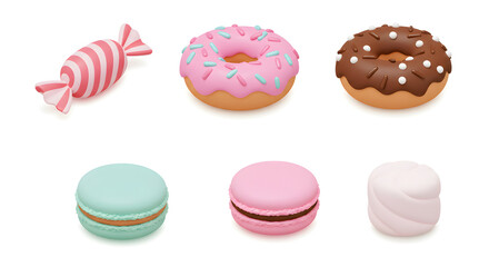 Obraz premium Variety of Cartoon Sweets Candy Donuts and Macarons Isolated on White