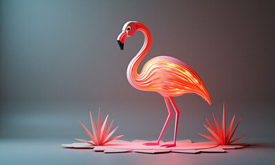 Obraz premium A single flamingo wades in still water, creating a mirror reflection under soft ambient glow and pastel sky tones.