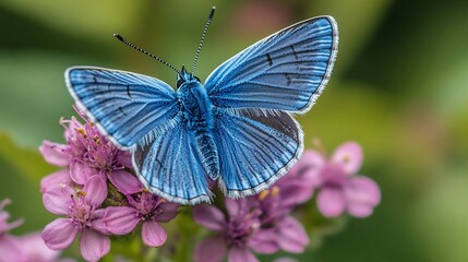 Fototapeta premium Vibrant blue butterfly on pink flowers
