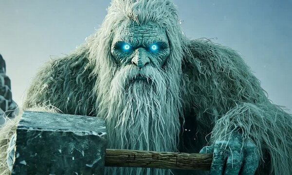 Majestic yeti wielding an ice hammer in a snowy landscape with distant mountains and icy terrain