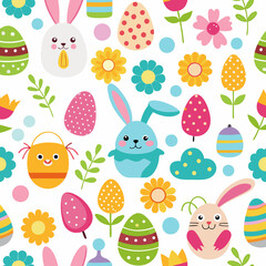Cute Easter pattern with bunnies, eggs, flowers, and other spring elements