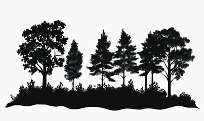 Black silhouette forest landscape with varied tree species and natural shrubs minimalist vector art isolated on white background for environmental and nature themes