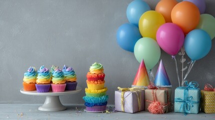 Colorful cupcakes, balloons, and gifts for a birthday celebration