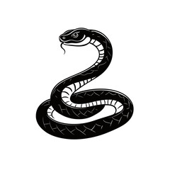Fototapeta premium Black and white coiled snake vector illustration with detailed scale pattern and forked tongue in minimalist flat style design for reptile concept