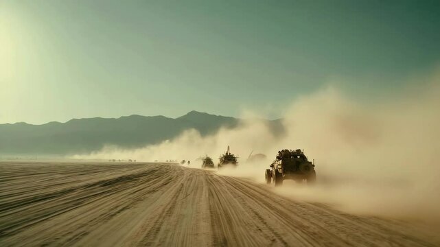 Multiple off-road vehicles move across the arid plain, kicking up dust. A post-apocalyptic convoy traveling through endless barren terrain under harsh sunlight.