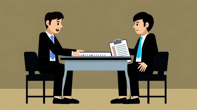 Two Businessmen in Meeting, Discussing Documents, Simple Vector Illustration