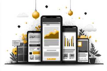 Content calendar UI with phones, posts, graphs, and notifications, surrounded by abstract shapes in a clean, stylized digital composition
Generative AI