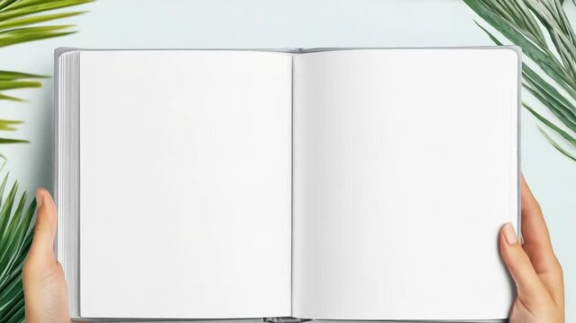 Blank notebook opened in hands on a light background with green leaves encouraging creativity and journaling