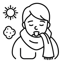 Flu Icon – Line Art of Person with Fever, Cough, and Runny Nose