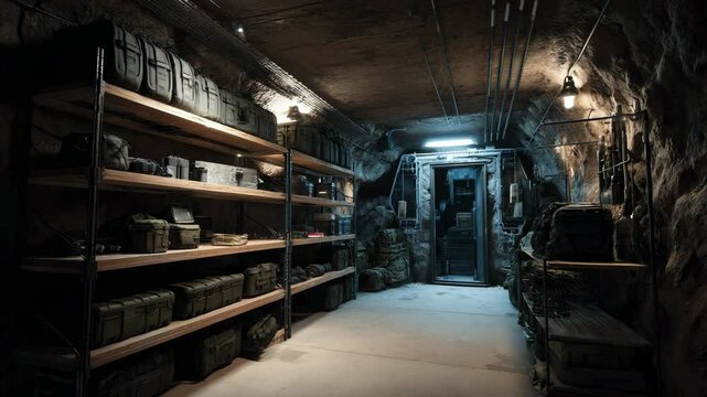 A storage corridor inside a bunker, lined with shelves of supplies. Cold fluorescent lights. This is a snapshot of survival logistics and preparation beneath the surface.