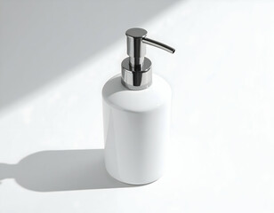 Modern white bathroom sink with faucet and a plastic pump bottle of liquid soap for clean hygiene